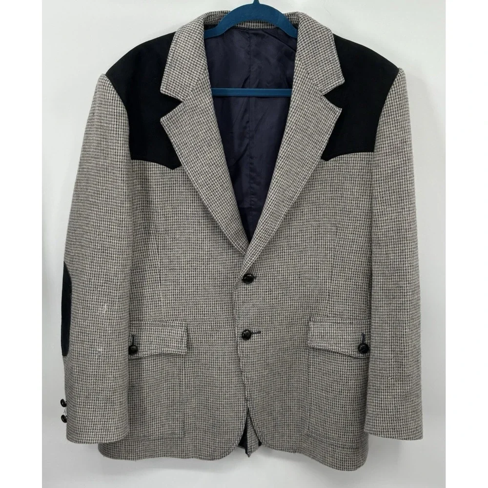 Mens Pendleton Wool Tweed Leather Western Cowboy Jacket‎ Blazer Gray/Black Sz 44